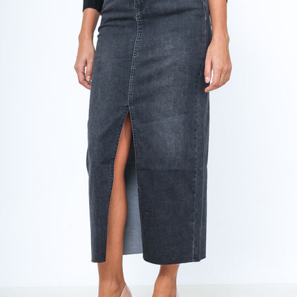 Long Raw-Hem Denim Maxi Skirt with Front Slit