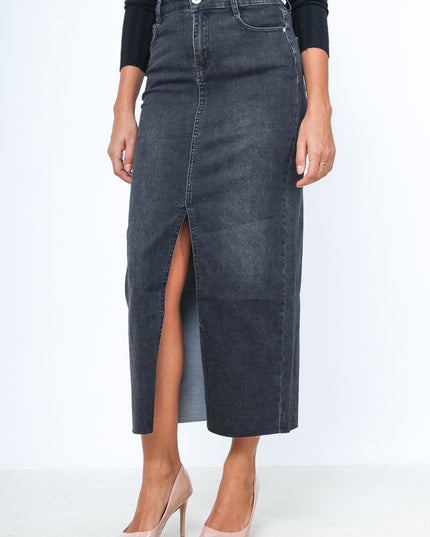 Long Raw-Hem Denim Maxi Skirt with Front Slit