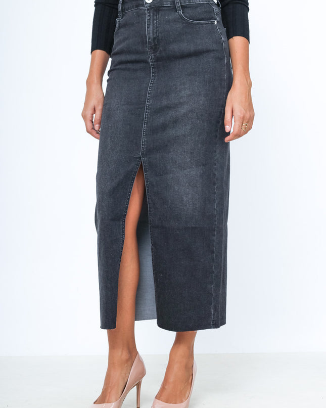 Long Raw-Hem Denim Maxi Skirt with Front Slit