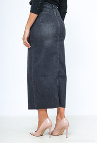 Long Raw-Hem Denim Maxi Skirt with Front Slit