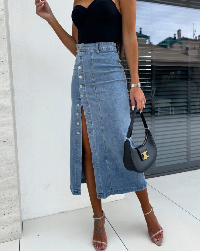 Long denim skirt with buttons