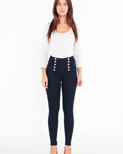 Women's High-Rise Buttoned Skinny Cotton Stretch Tapered Trousers