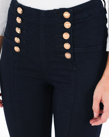 Women's High-Rise Buttoned Skinny Cotton Stretch Tapered Trousers