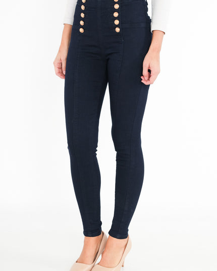 Women's High-Rise Buttoned Skinny Cotton Stretch Tapered Trousers