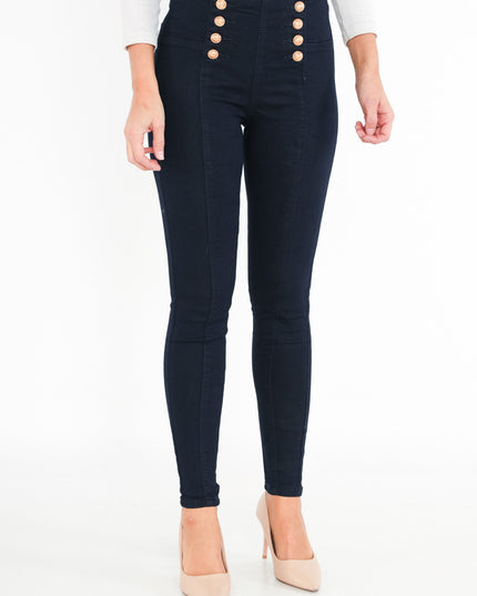 Women's High-Rise Buttoned Skinny Cotton Stretch Tapered Trousers