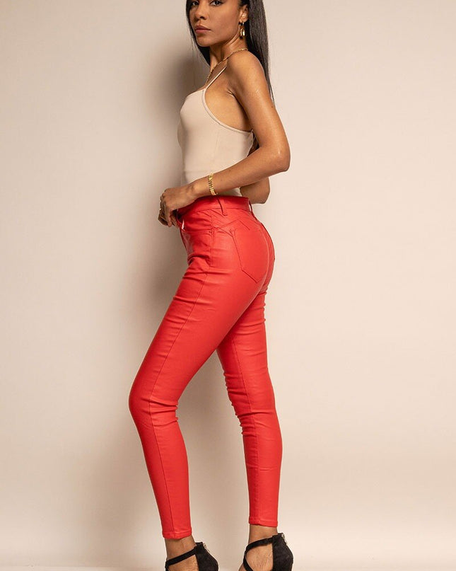 Women's High-Waist Waxed Skinny Trousers with Stretch Fit