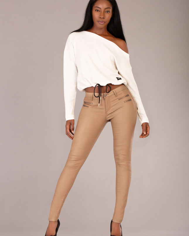Wholesale Tan 4 Zip Leather Look Trousers