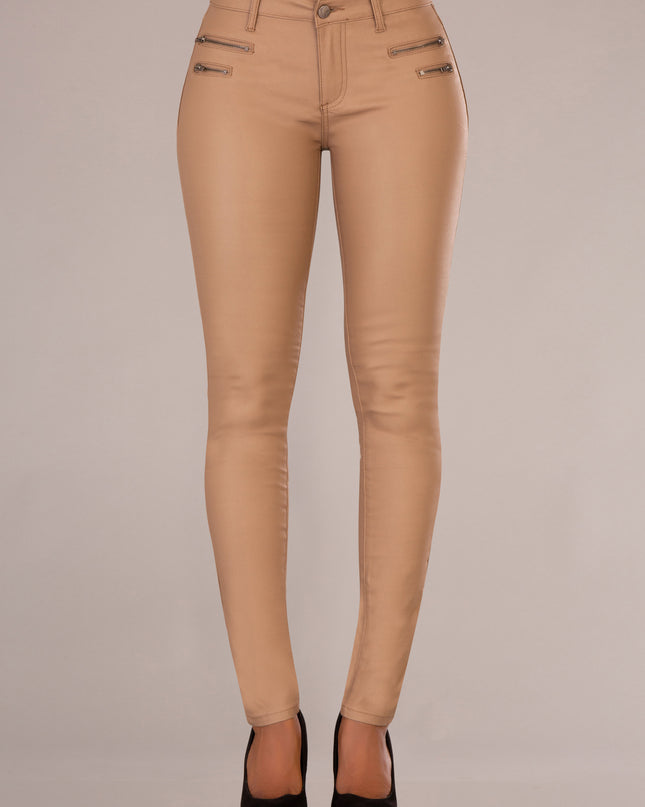 Wholesale Tan 4 Zip Leather Look Trousers