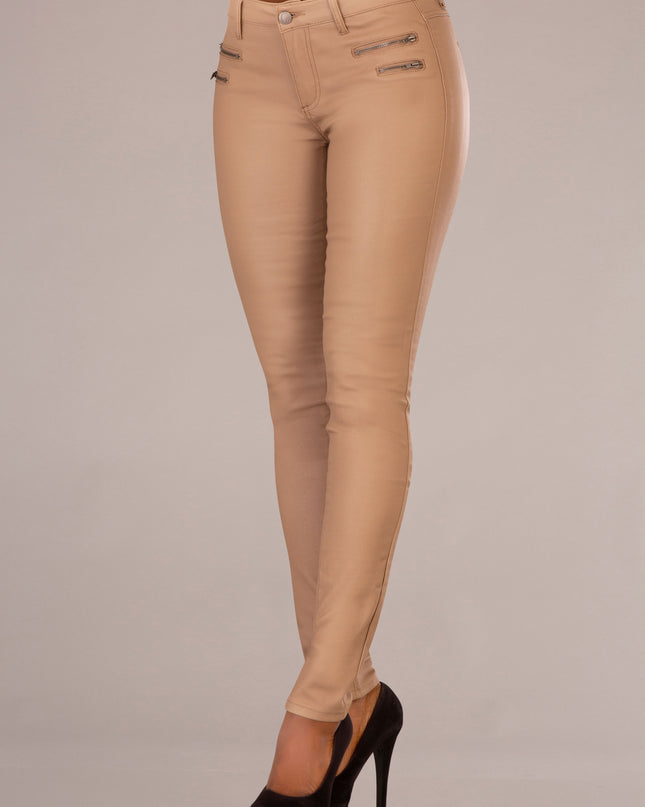 Wholesale Tan 4 Zip Leather Look Trousers