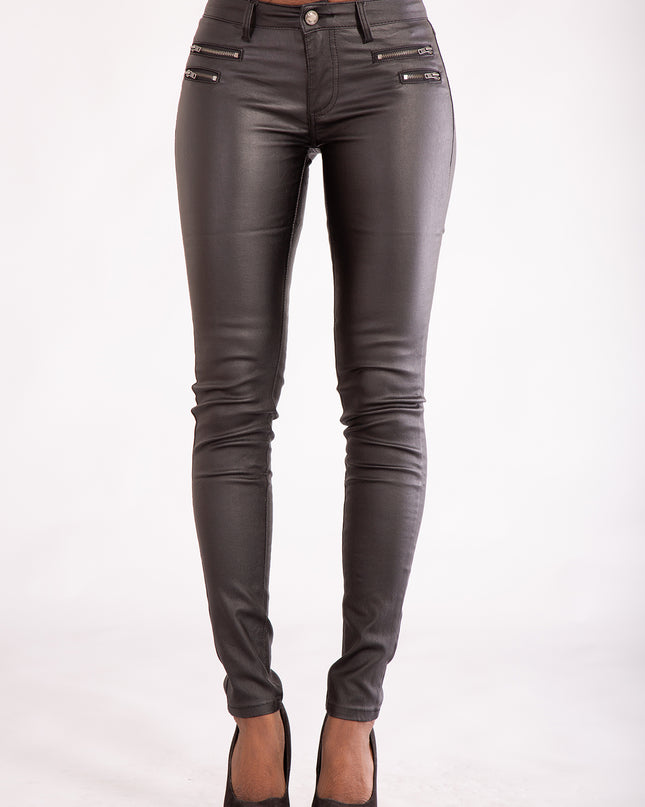 Wholesale Black Leather Look Jeans with 4 Zips