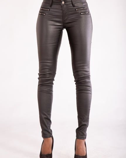 Wholesale Black Leather Look Jeans with 4 Zips
