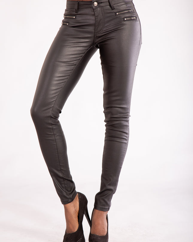 Wholesale Black Leather Look Jeans with 4 Zips