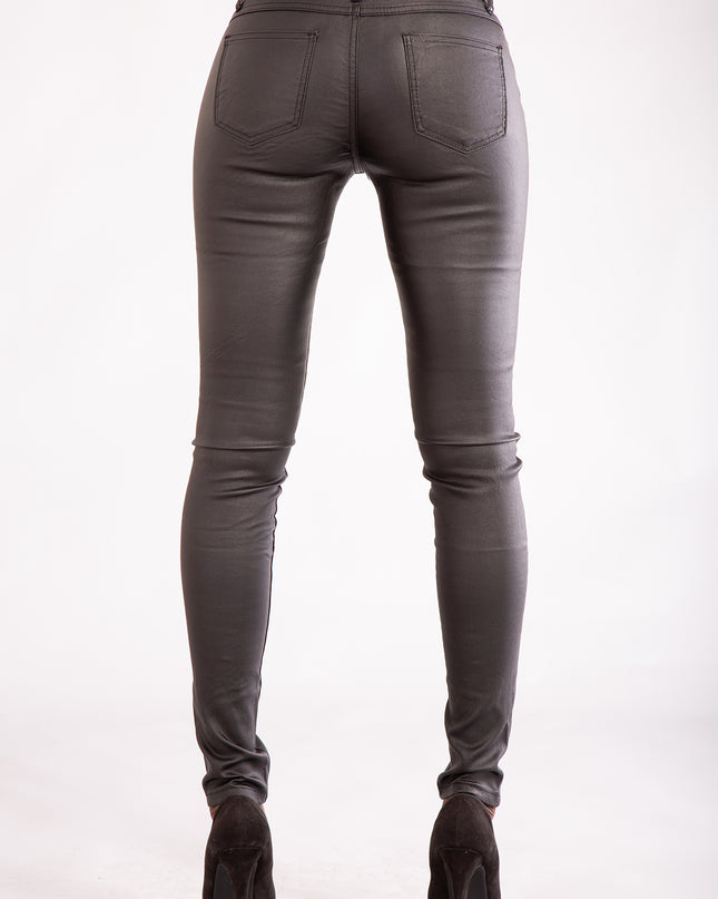 Wholesale Black Leather Look Jeans with 4 Zips