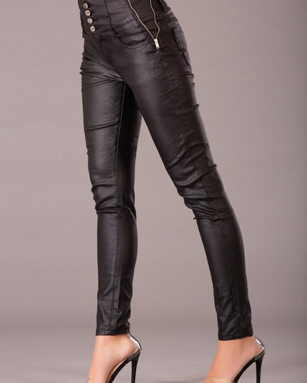 Wholesale Black Leather Look High Waist Trousers with Side Decorative Zippers
