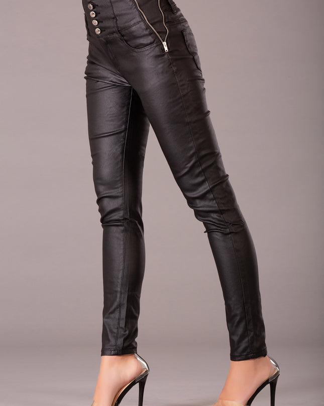 Wholesale Black Leather Look High Waist Trousers with Side Decorative Zippers