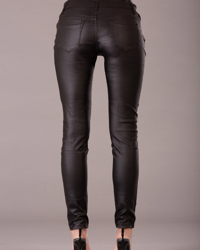 Wholesale Black Leather Look High Waist Trousers with Side Decorative Zippers