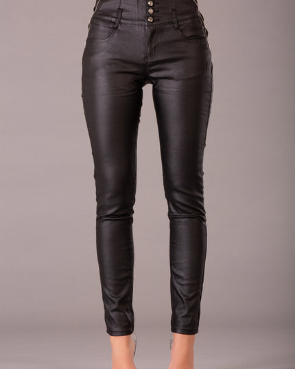 Wholesale Black Leather Look High Waist Trousers with Side Decorative Zippers