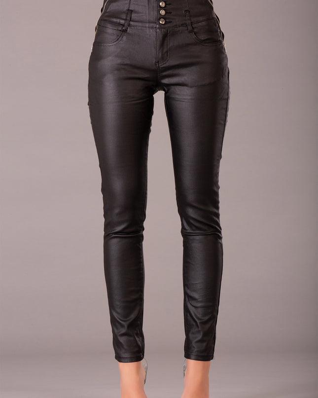 Wholesale Black Leather Look High Waist Trousers with Side Decorative Zippers