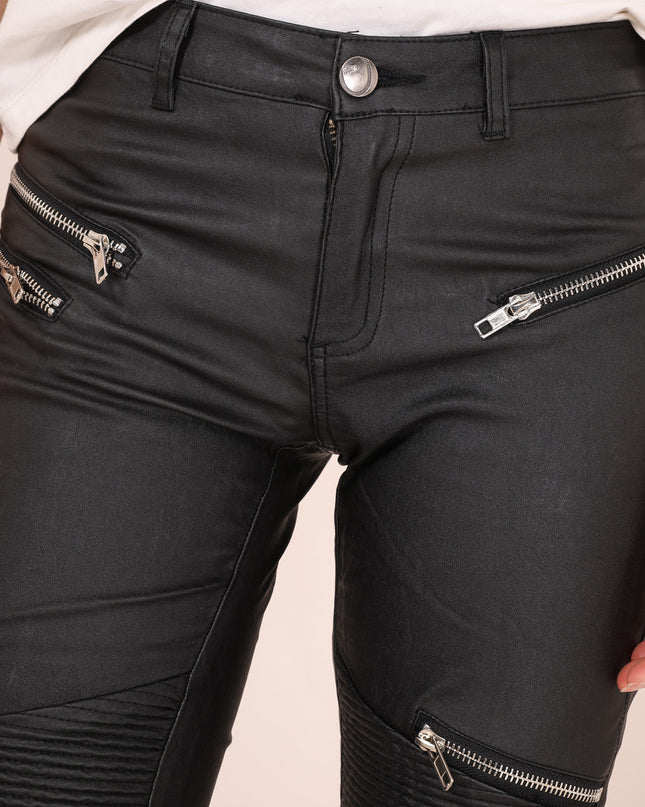 Wholesale Black 5 Zip Slim Leather Look Trousers
