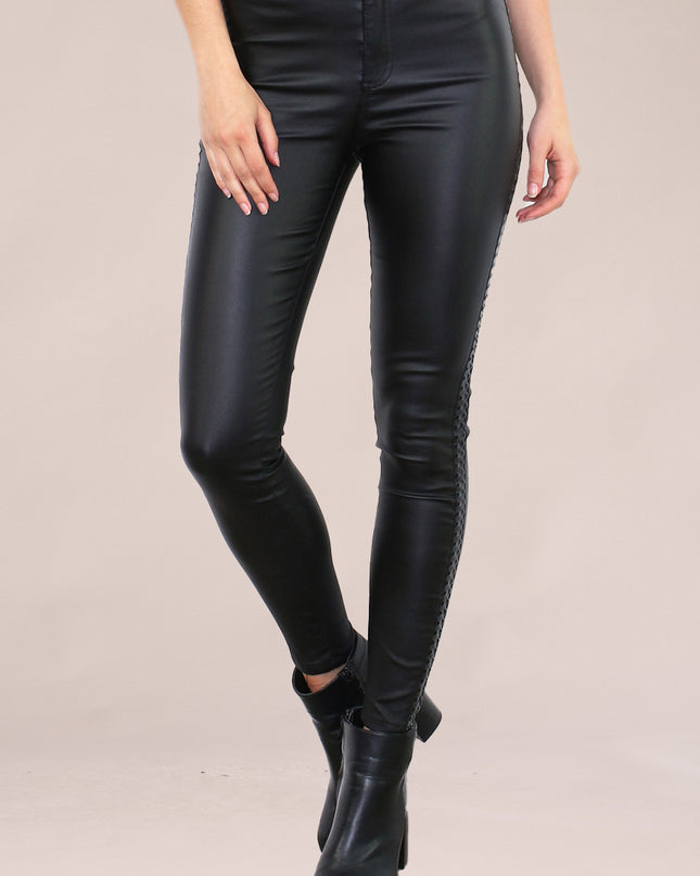 Wholesale Black Leather Look Trousers with Side Marks