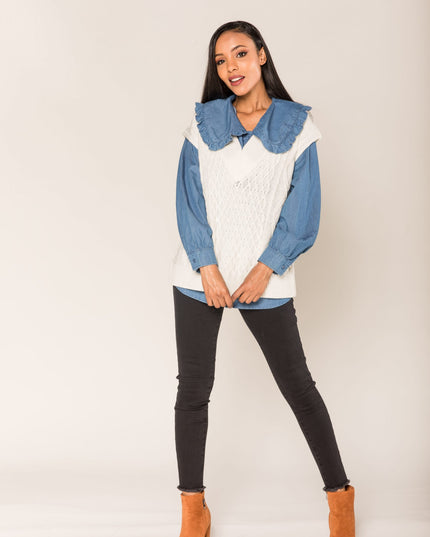 Wholesale Blue Denim Shirt with Flounce at the Top