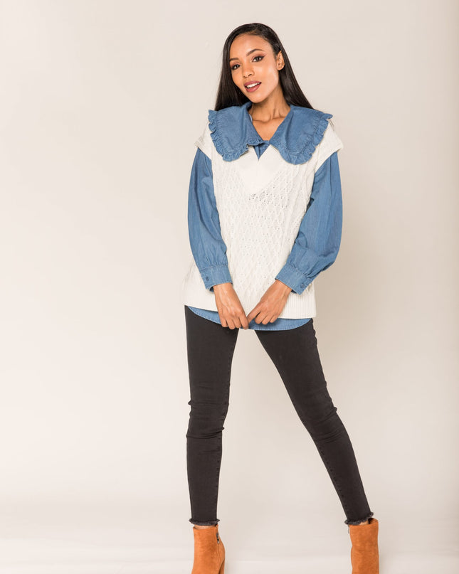 Wholesale Blue Denim Shirt with Flounce at the Top