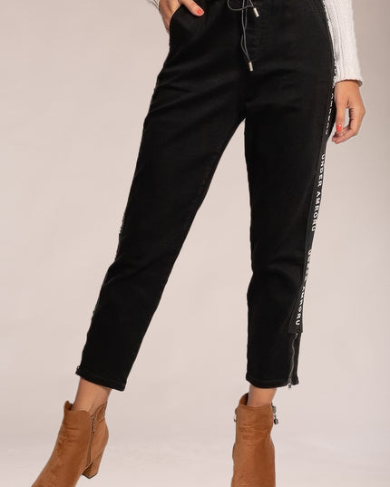 Wholesale Black Paperbag Style Jeans with Side Stripes