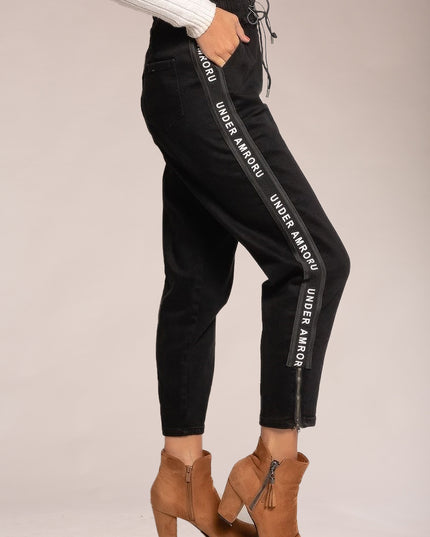 Wholesale Black Paperbag Style Jeans with Side Stripes