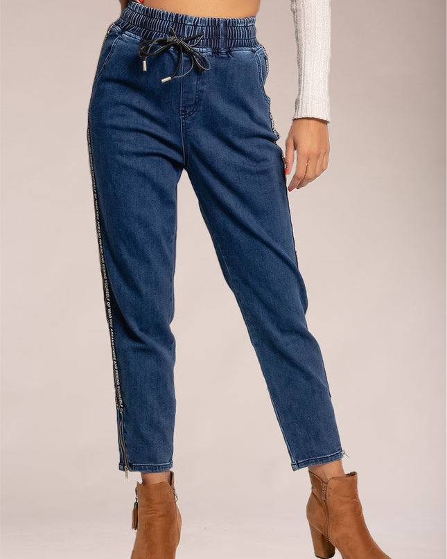 Wholesale Dark Blue Paperbag Style Jeans with Side Stripes