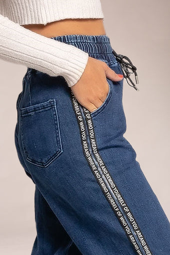 Wholesale Dark Blue Paperbag Style Jeans with Side Stripes