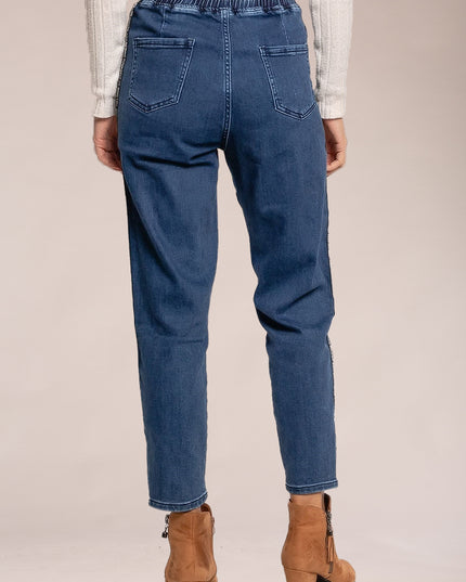 Wholesale Dark Blue Paperbag Style Jeans with Side Stripes