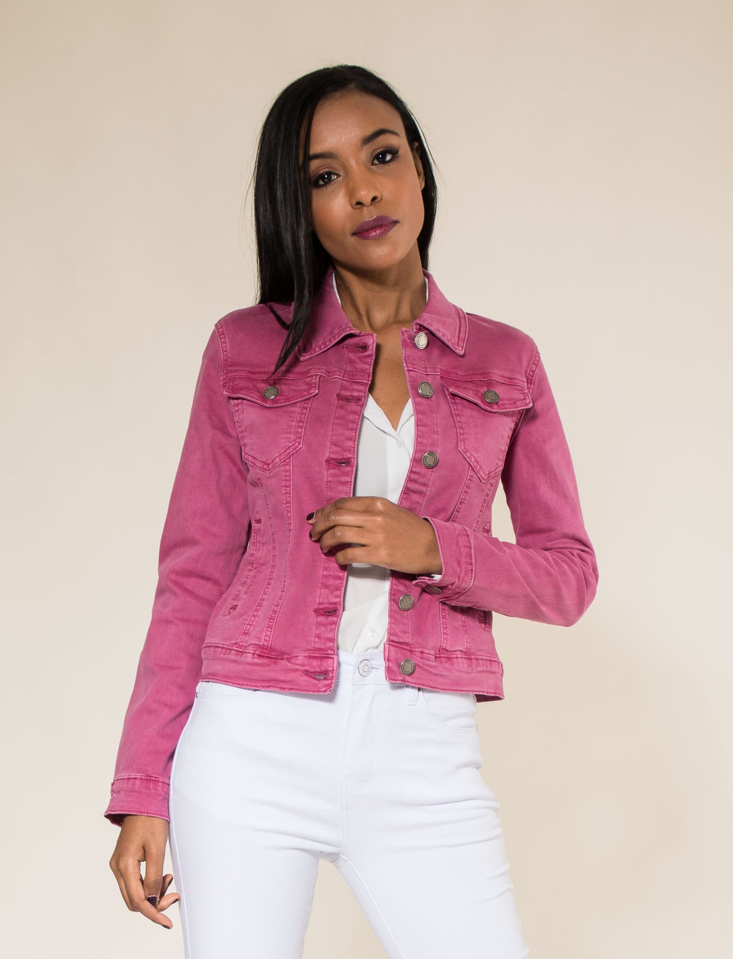 Wholesale Raspberry Color Stretch Jeans Jacket