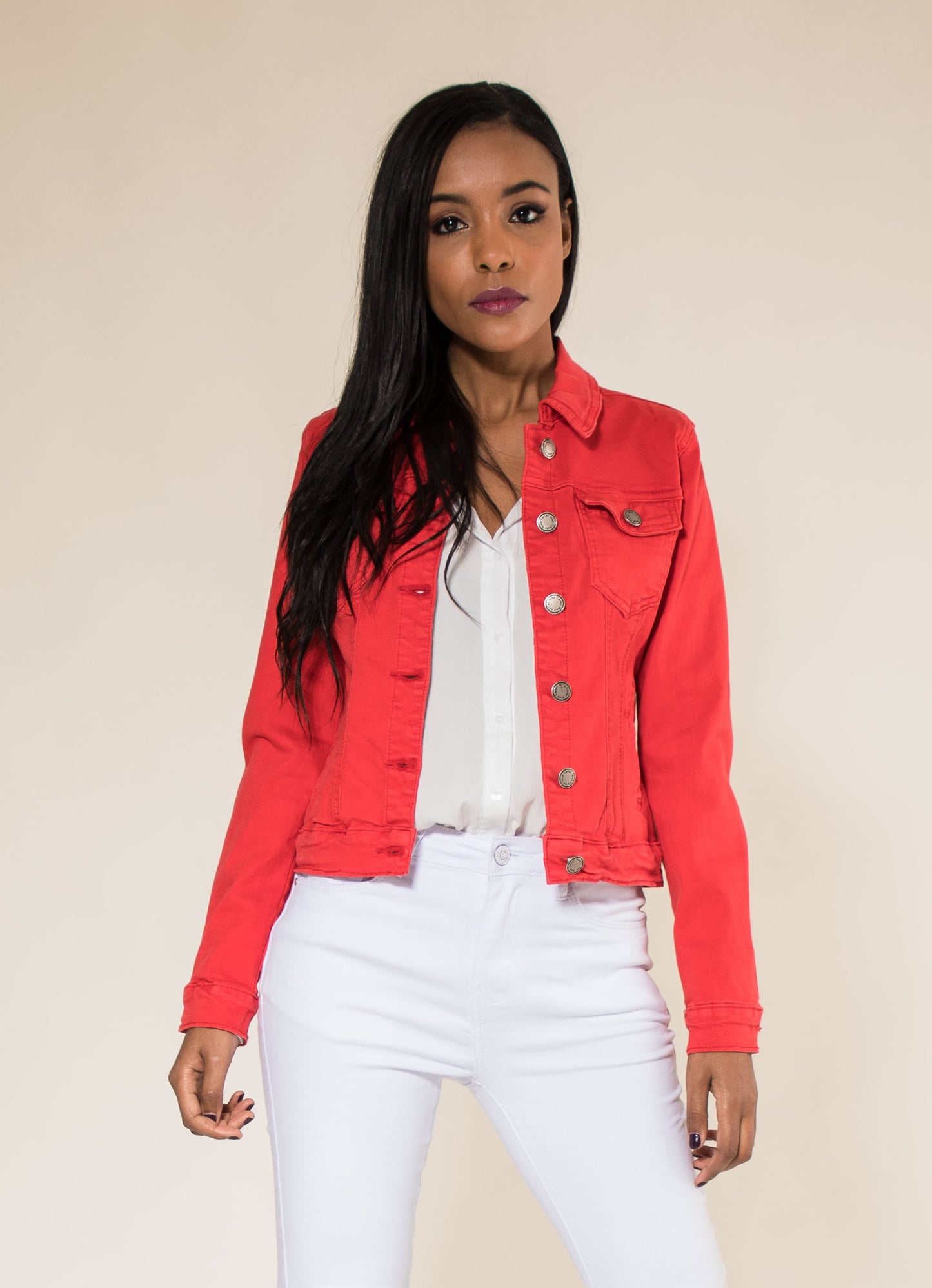 Wholesale Red Color Stretch Jeans Jacket
