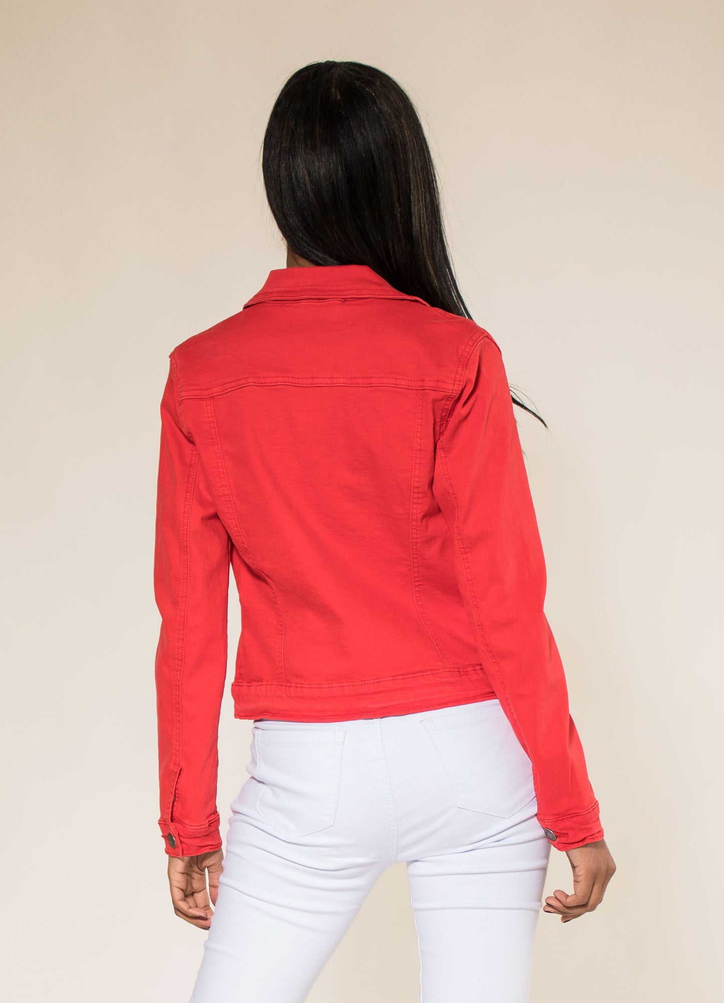 Wholesale Red Color Stretch Jeans Jacket