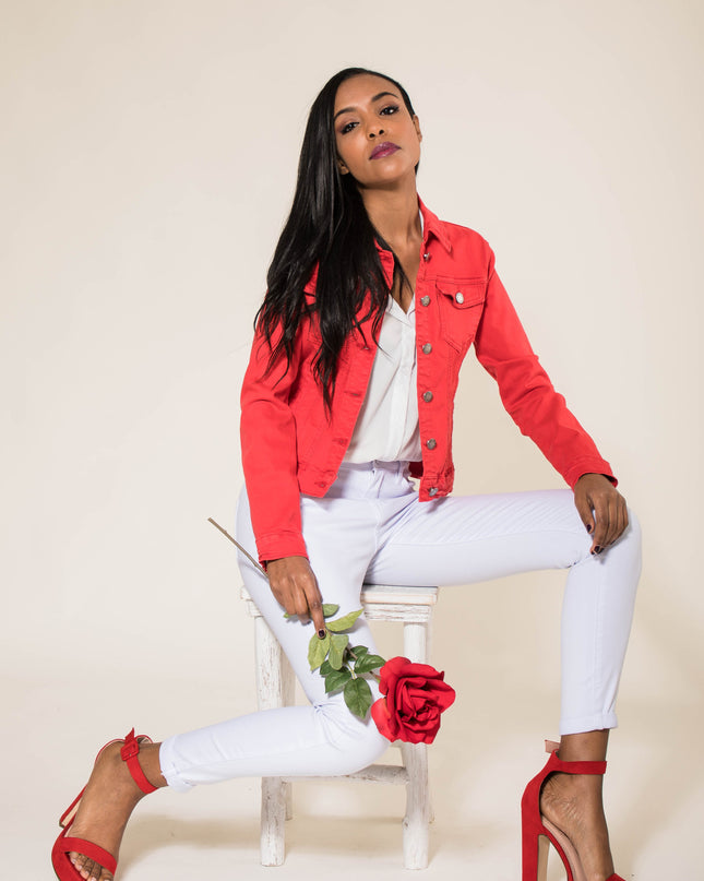Wholesale Red Color Stretch Jeans Jacket