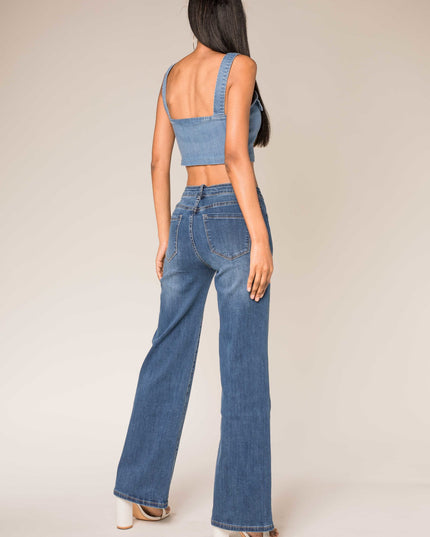 Wholesale Medium Blue Super Wide High Waisted Jeans with Buttons