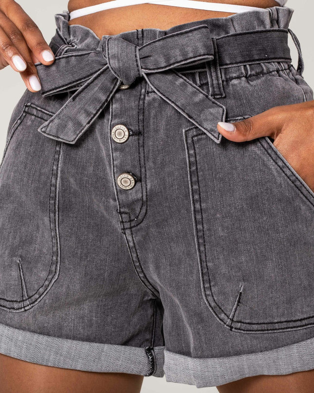 Wholesale Grey Denim Shorts with Buttons and Belt
