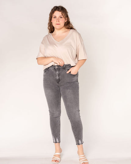 Wholesale Grey Plus Size High Waist Frayed Jeans