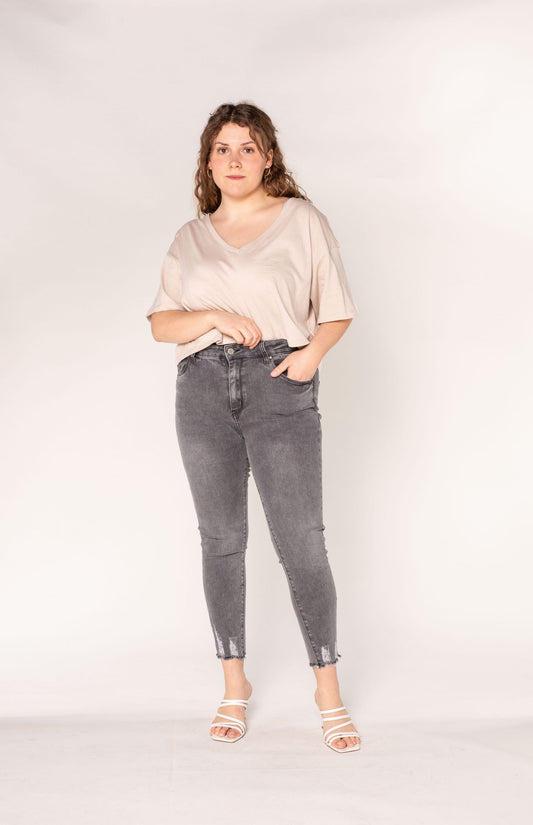 Wholesale Grey Plus Size High Waist Frayed Jeans
