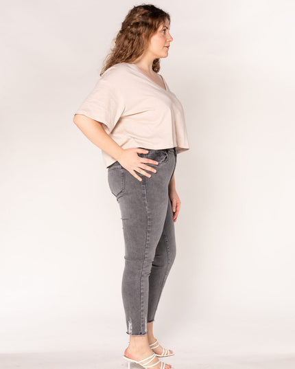 Wholesale Grey Plus Size High Waist Frayed Jeans