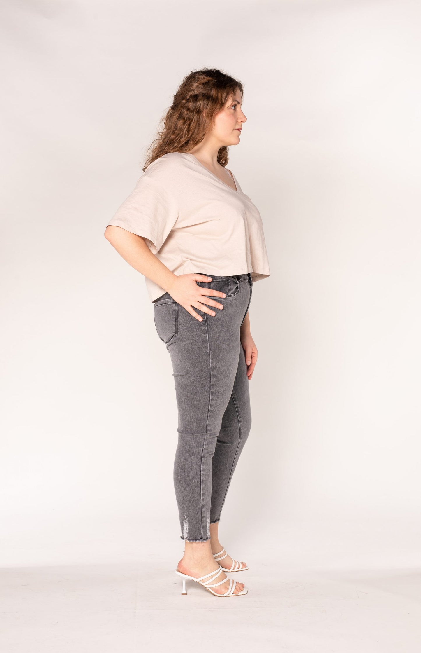 Wholesale Grey Plus Size High Waist Frayed Jeans