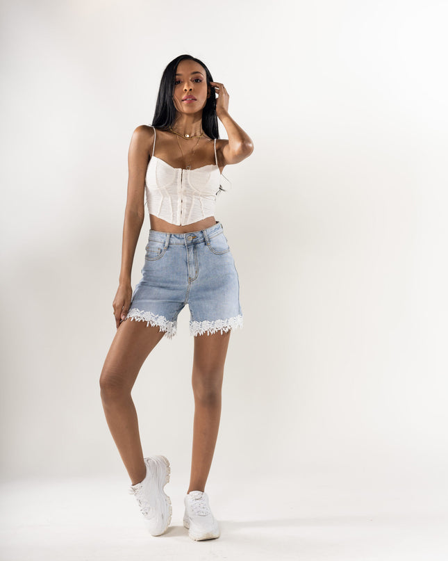 Wholesale Faded Blue High Waist Stretch Denim Shorts With Lace