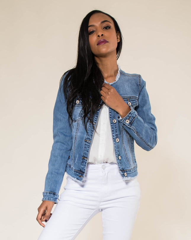 Wholesale Blue Frayed Collar Denim Jacket