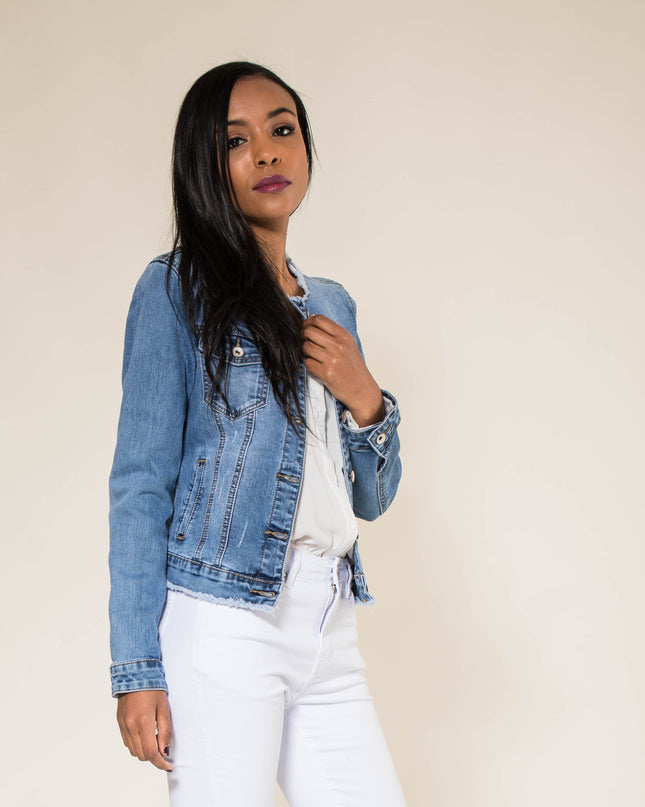 Wholesale Blue Frayed Collar Denim Jacket