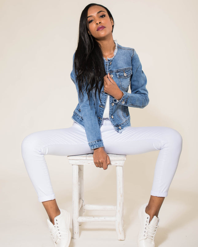 Wholesale Blue Frayed Collar Denim Jacket