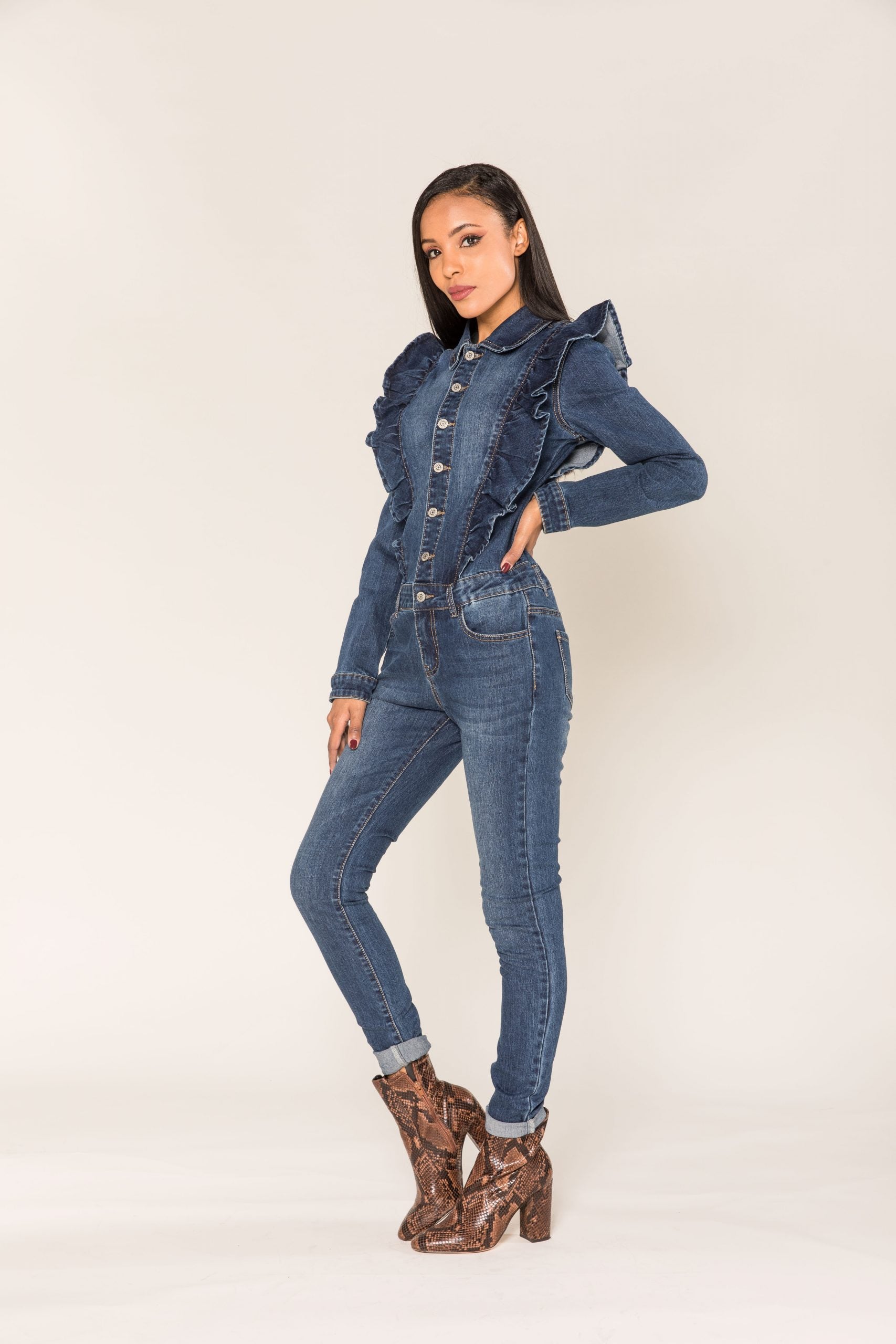 Wholesale Women's Belted and Buttoned Denim Jumpsuit Blue | From Turkey