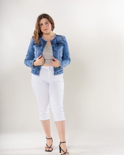 Wholesale Plus Size Blue Jeans Jacket with Fray Detail on the Collar