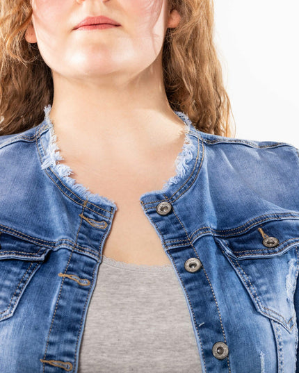 Wholesale Plus Size Blue Jeans Jacket with Fray Detail on the Collar