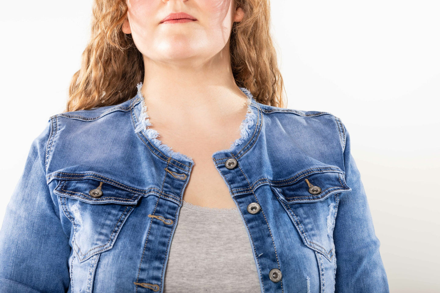 Wholesale Plus Size Blue Jeans Jacket with Fray Detail on the Collar