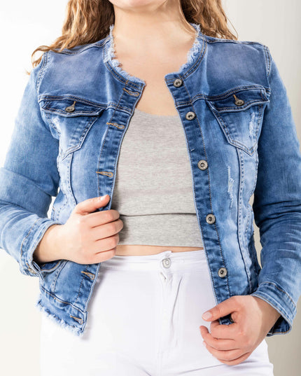 Wholesale Plus Size Blue Jeans Jacket with Fray Detail on the Collar